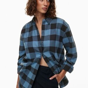 Aritzia Wilfred Free Sail Navy Plaid Flannel Shirt, Size Large